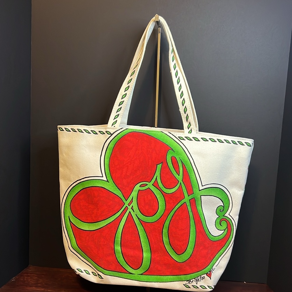 ❤️ Brighton NEW Beige Red Green Love & Joy Canvas Tote ❤️ - Picture 5 of 9